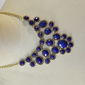 Royal Blue Statement Bib Necklace Gold Tone Faceted Stones Bold Jewelry
